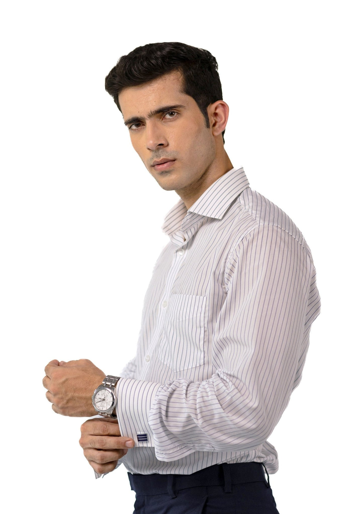White & Blue Pencil Stripe French Cuff Shirt – 2-Ply