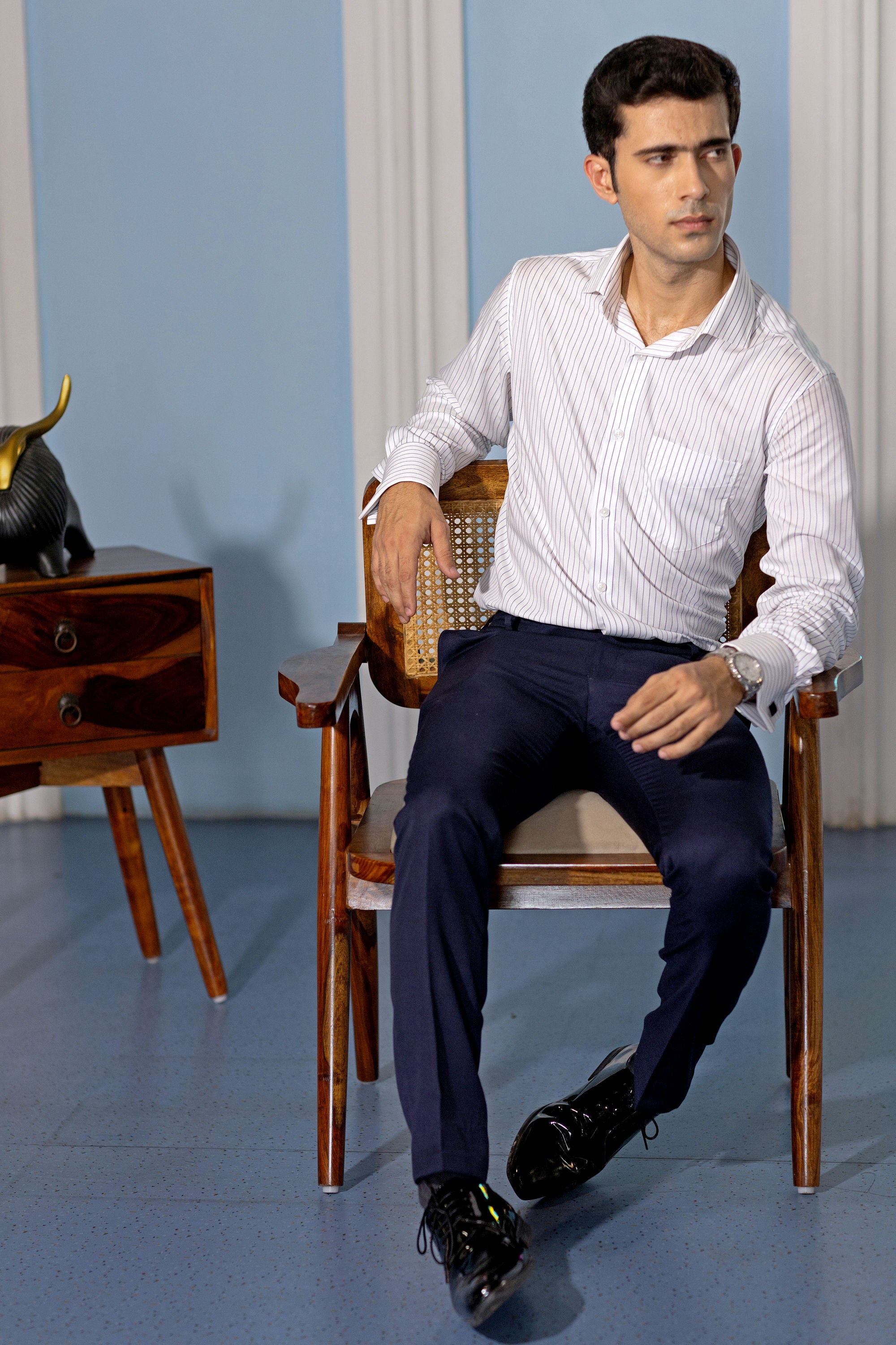 White & Blue Pencil Stripe French Cuff Shirt – 2-Ply – slide 2