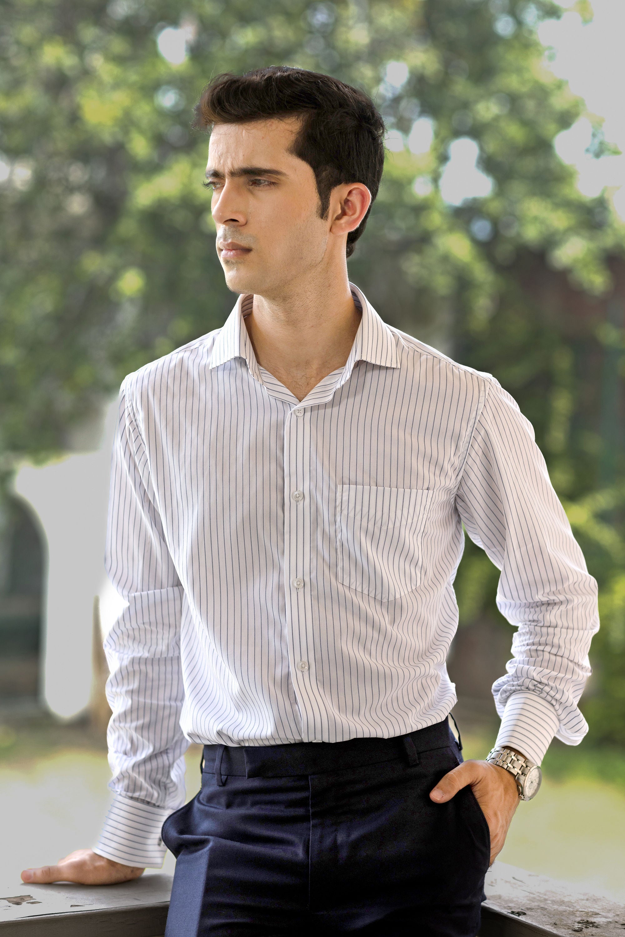 White & Blue Pencil Stripe French Cuff Shirt – 2-Ply – slide 1