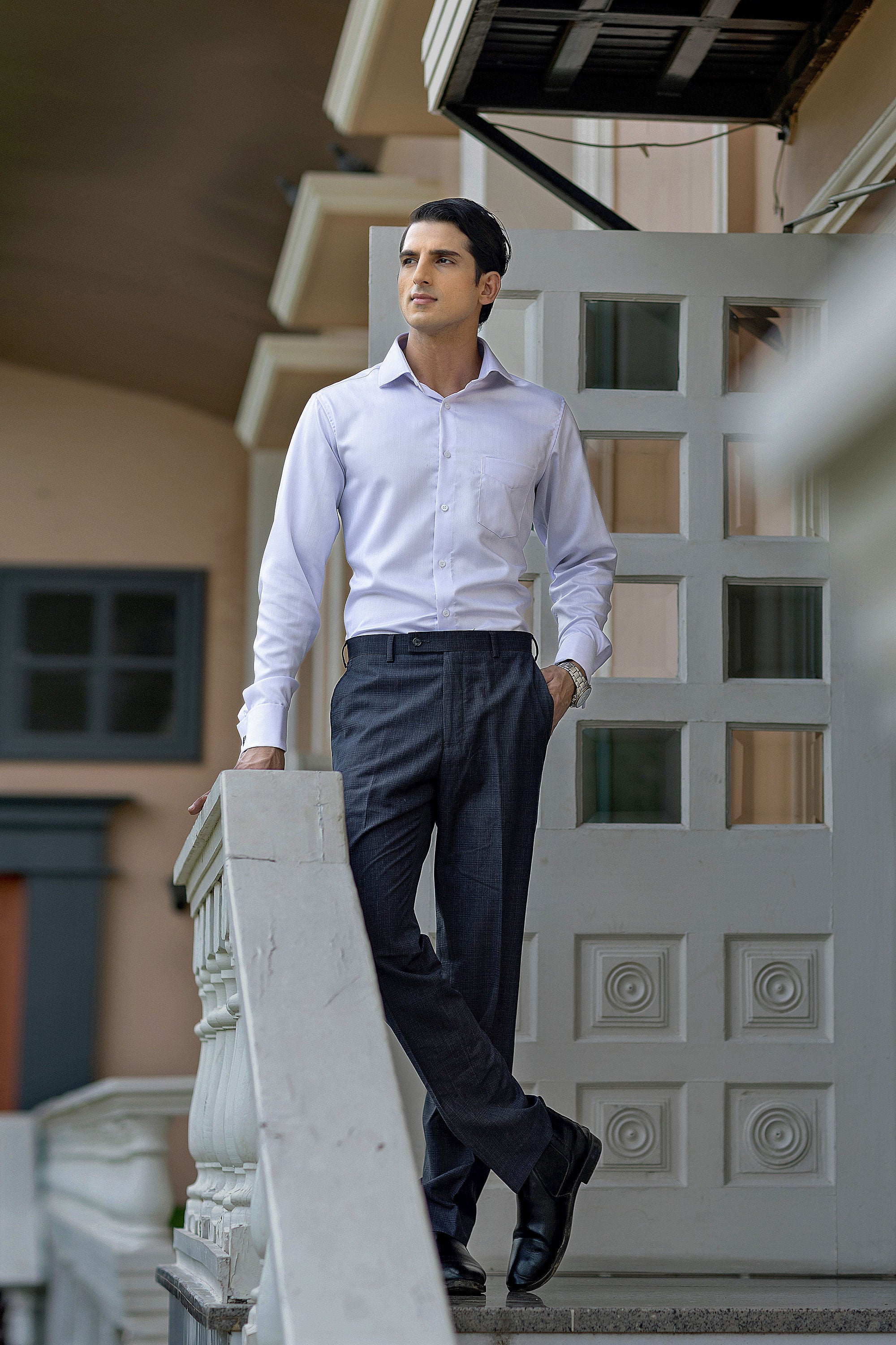 Ice Blue Herringbone French Cuff Shirt 2-Ply – slide 1