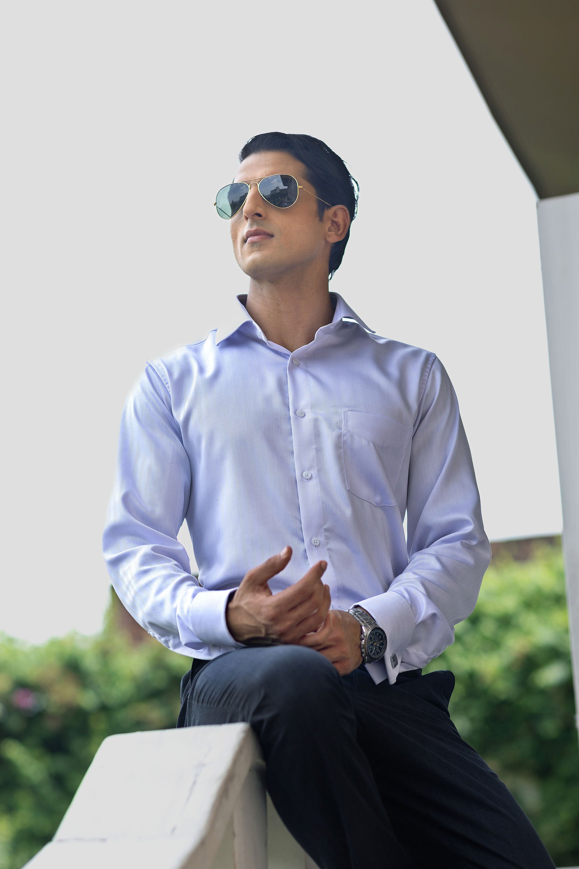 Ice Blue Herringbone French Cuff Shirt 2-Ply – slide 2