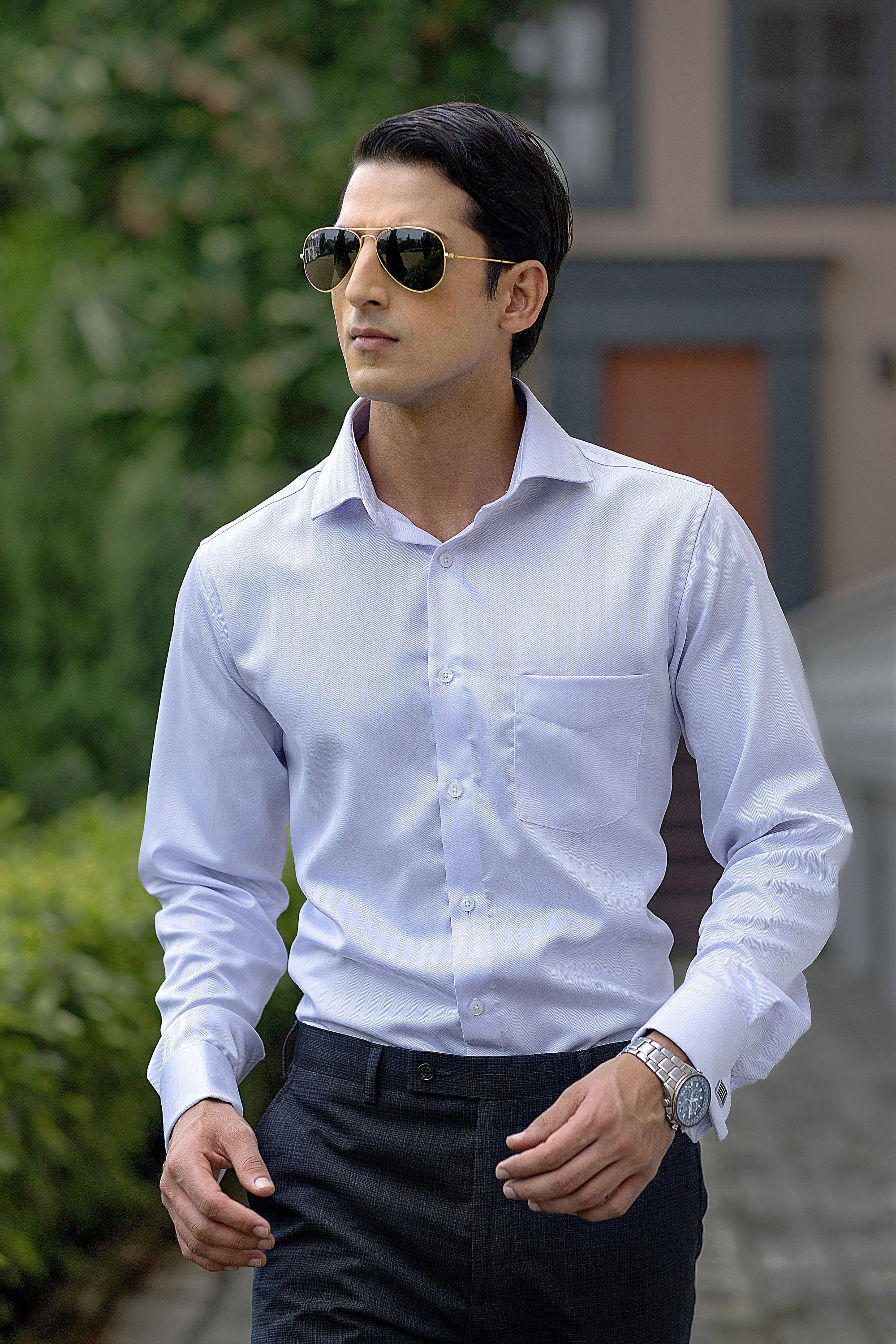 Ice Blue Herringbone French Cuff Shirt 2-Ply – slide 3