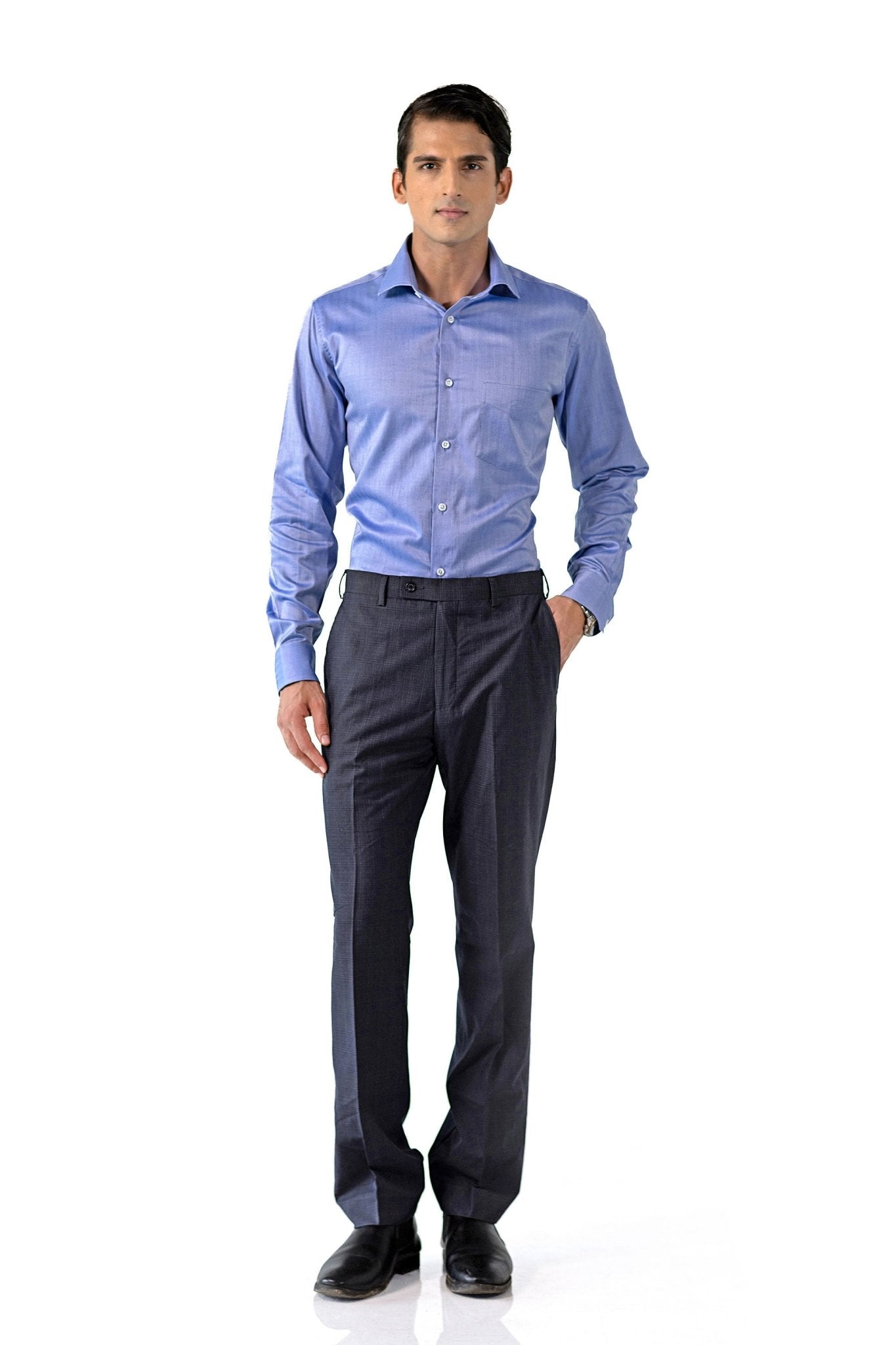 Blue Herringbone French Cuff Shirt 80s 2-Ply