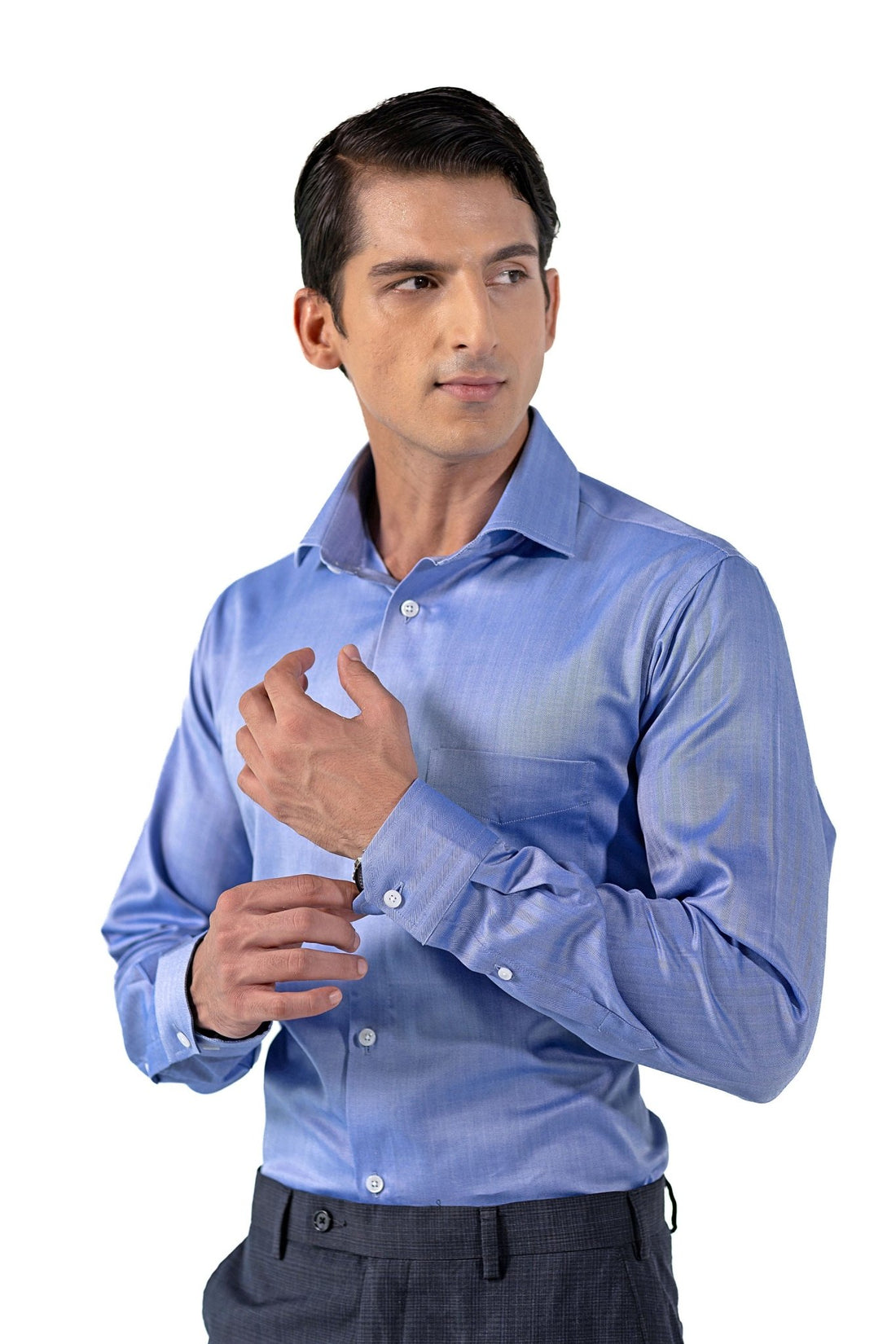 Blue Herringbone French Cuff Shirt 80s 2-Ply