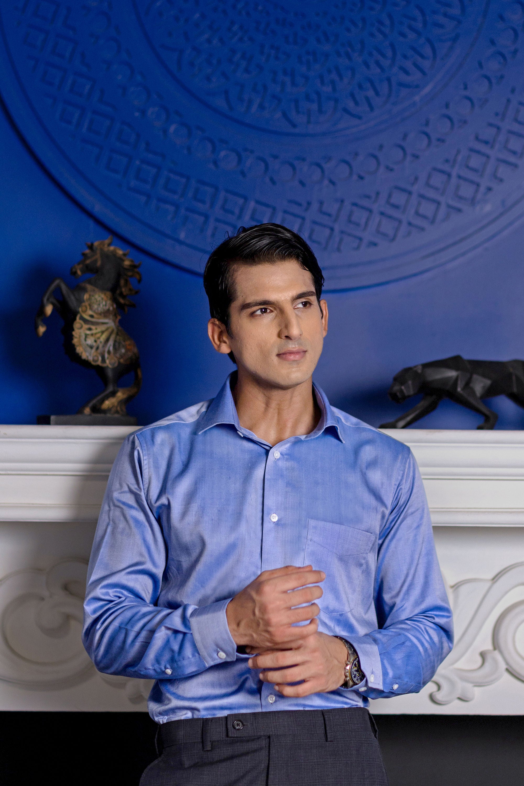 Blue Herringbone French Cuff Shirt 80s 2-Ply – slide 2