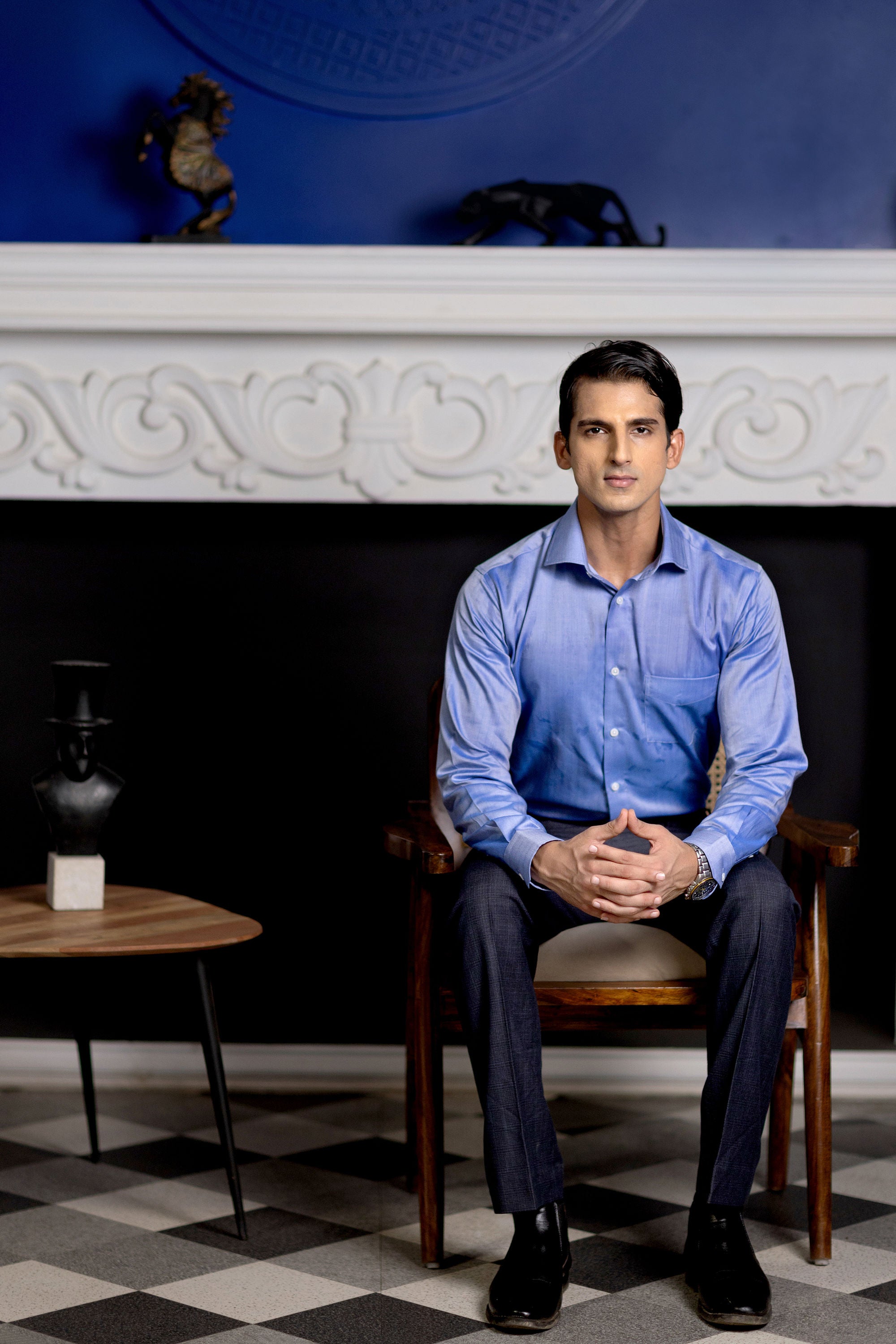 Blue Herringbone French Cuff Shirt 80s 2-Ply – slide 3