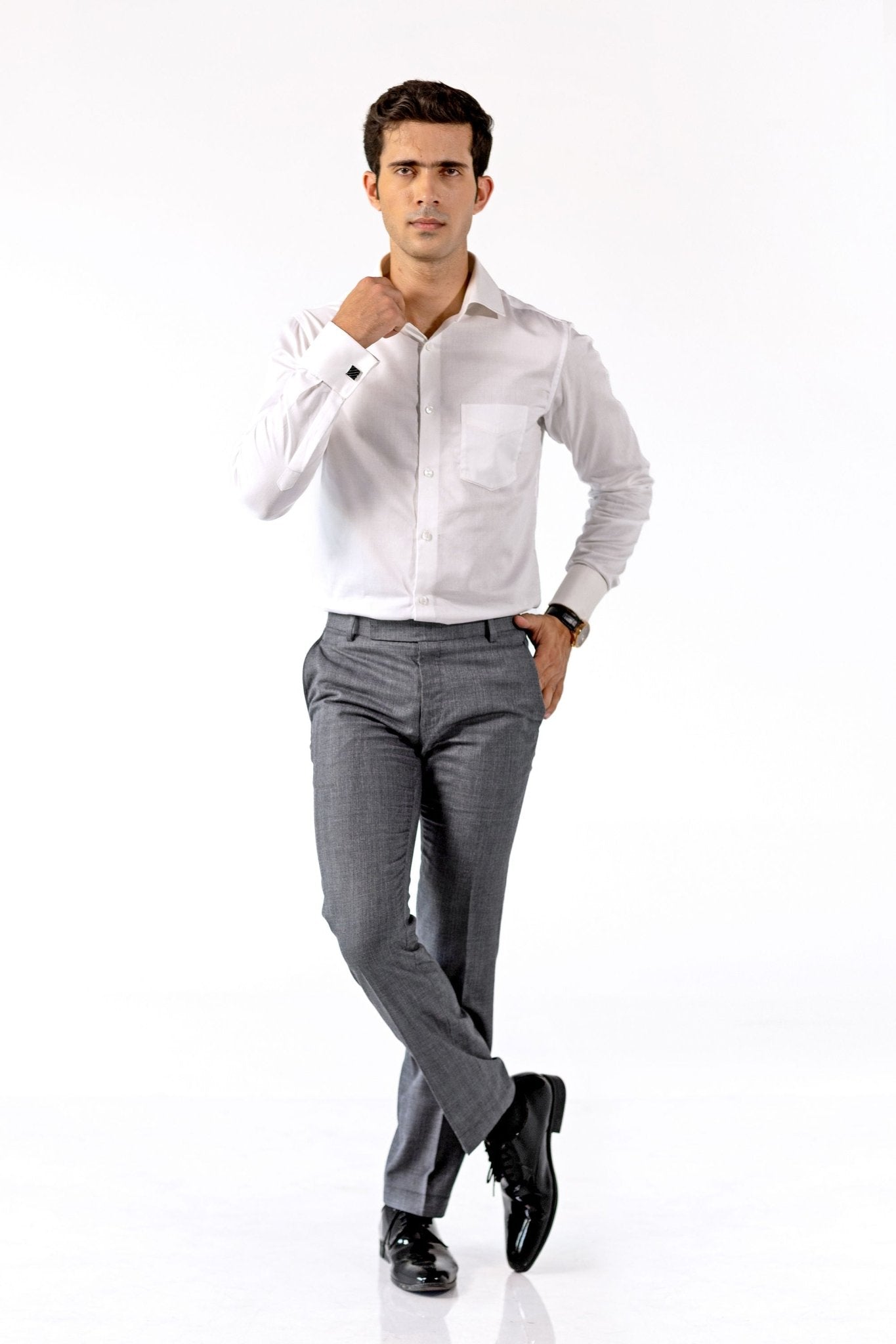 Luthai White Fine Herringbone French Cuff Shirt 80s 2-Ply