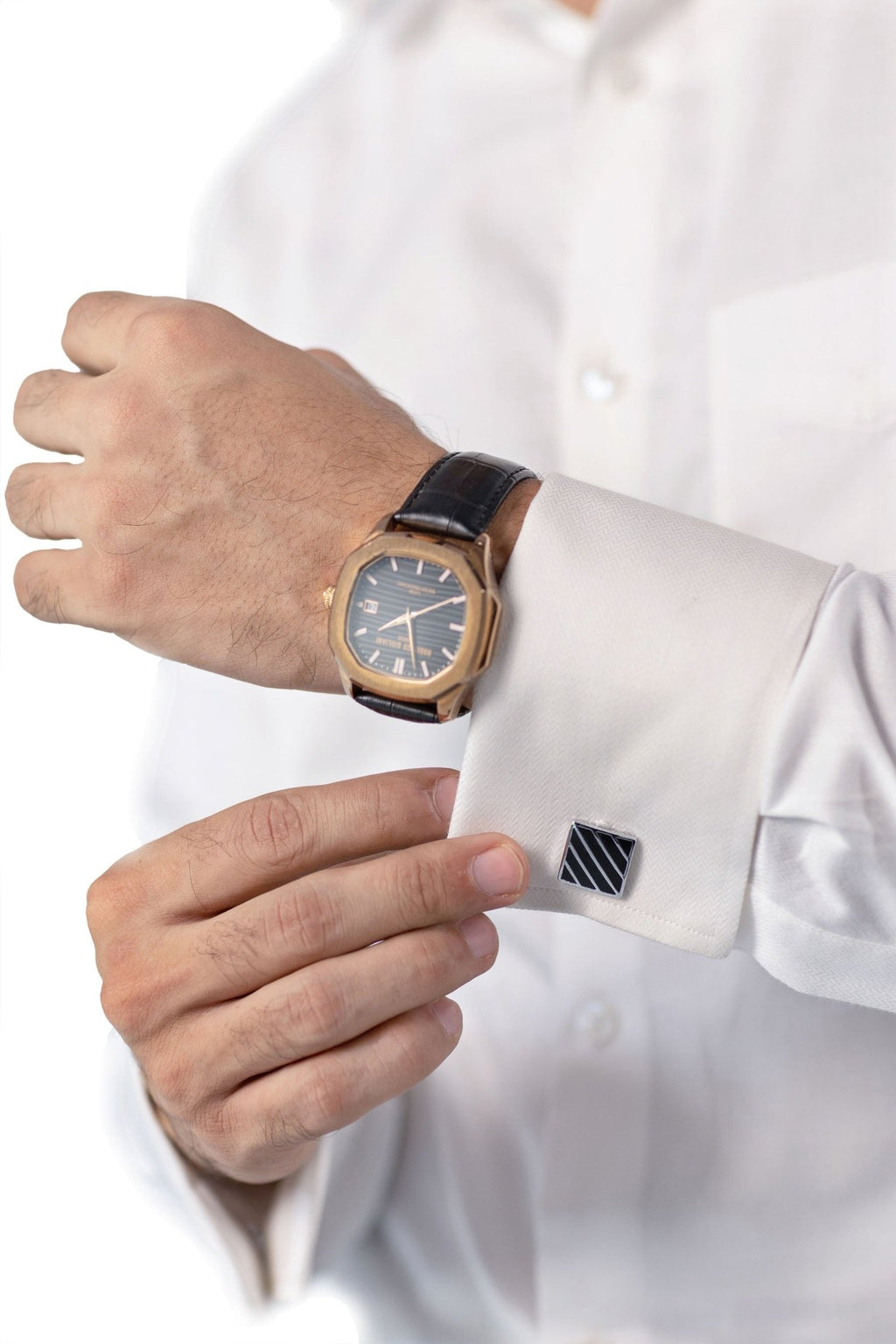 Luthai White Fine Herringbone French Cuff Shirt 80s 2-Ply