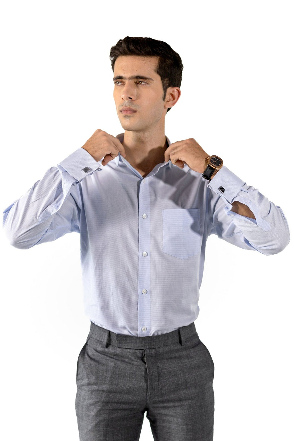 Blue Graph Check French Cuff Shirt 70s 2-Ply