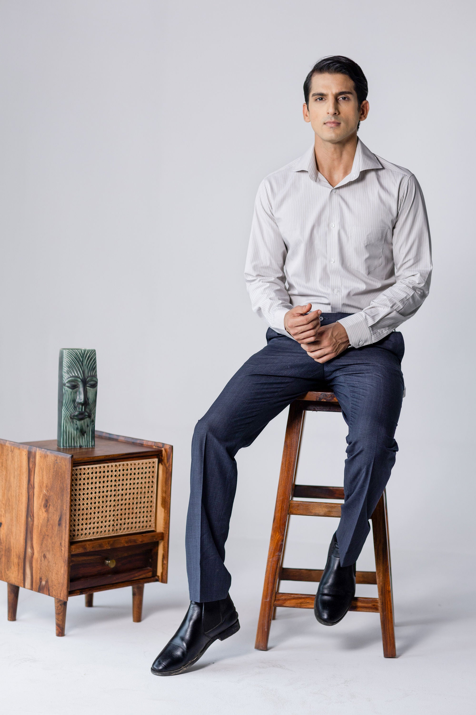 Beige Stripe Shirt 80s 2-Ply Organic Cotton – slide 1