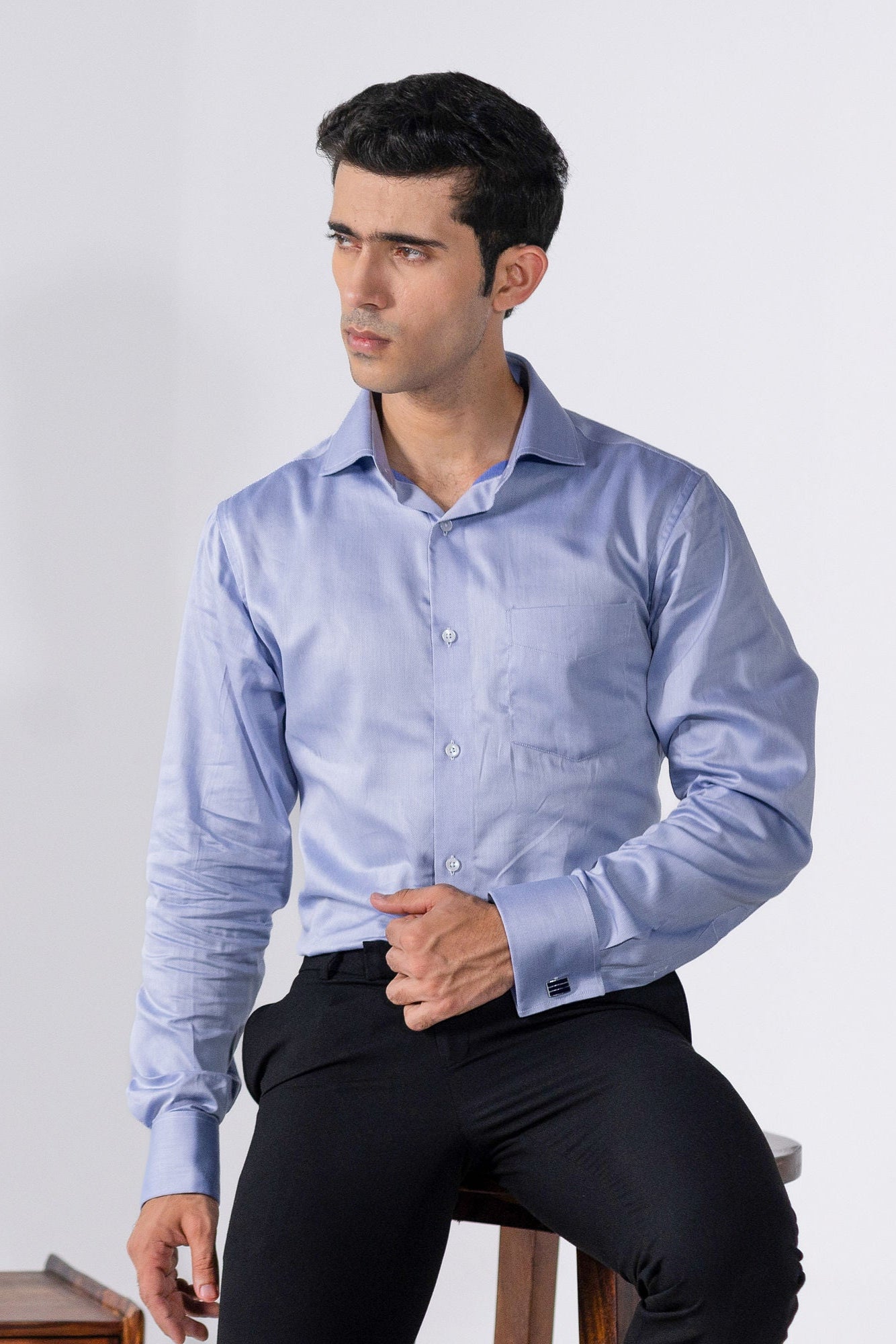 Blue Micro Dobby French Cuff Shirt 2-Ply – slide 2
