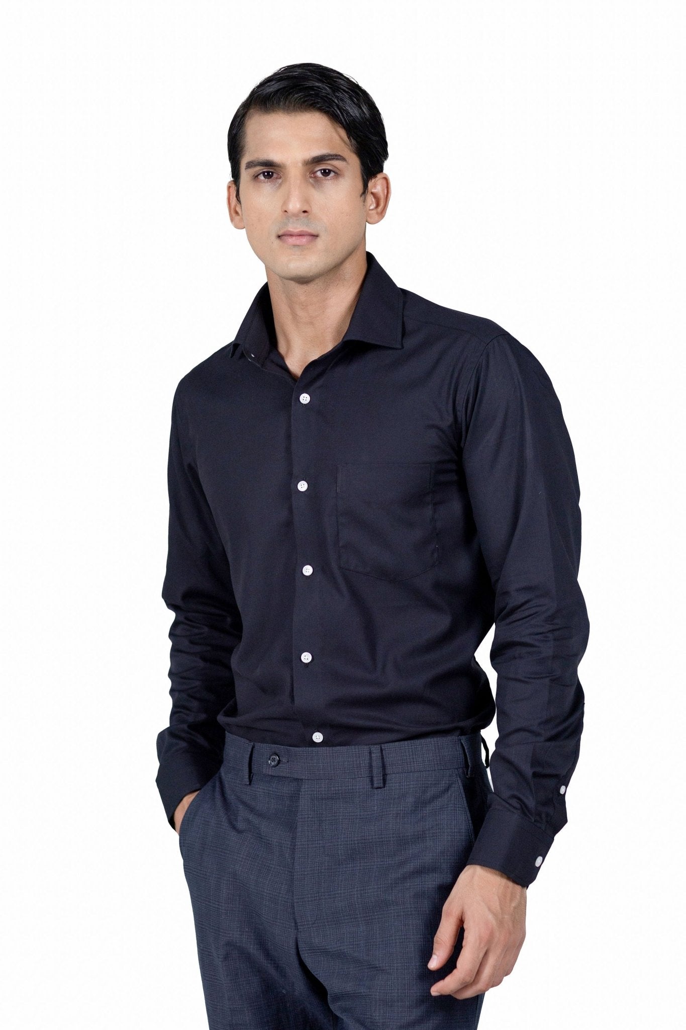 Classic Black Fine Herringbone Shirt 80s 2-Ply