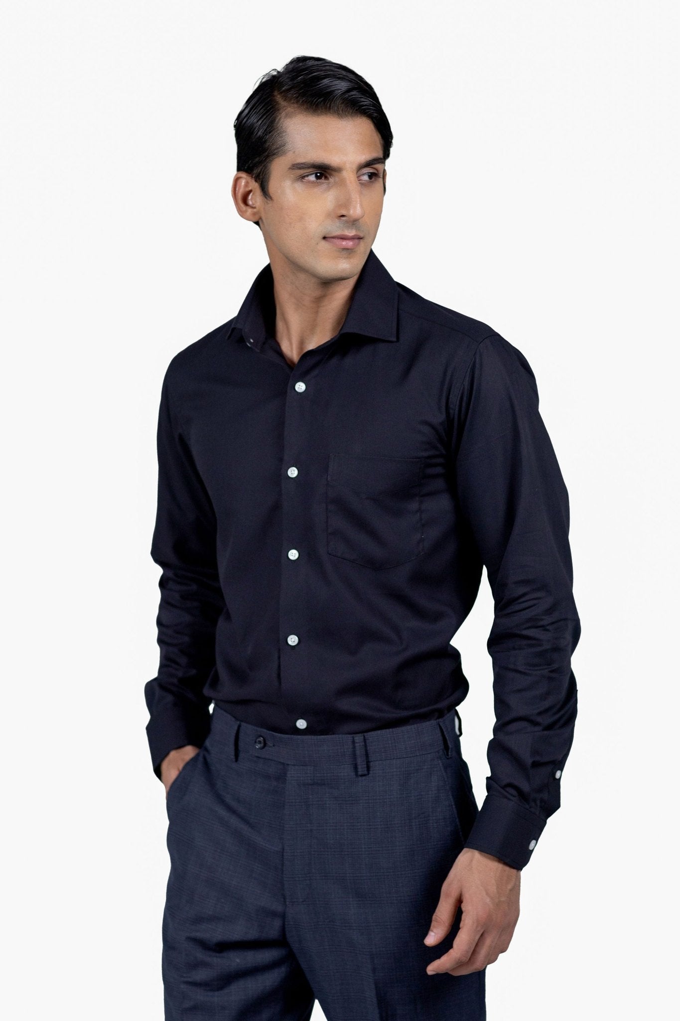 Classic Black Fine Herringbone Shirt 80s 2-Ply