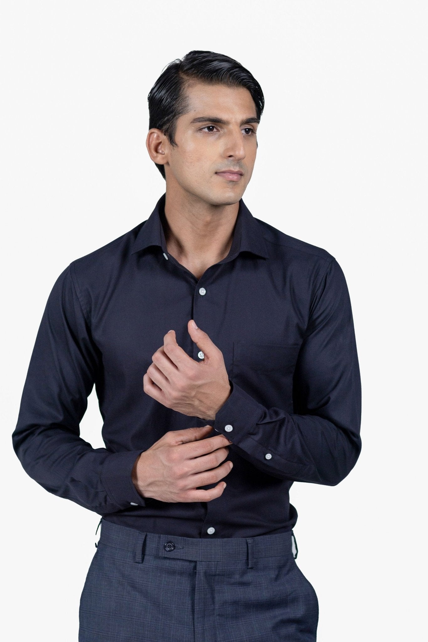 Classic Black Fine Herringbone Shirt 80s 2-Ply