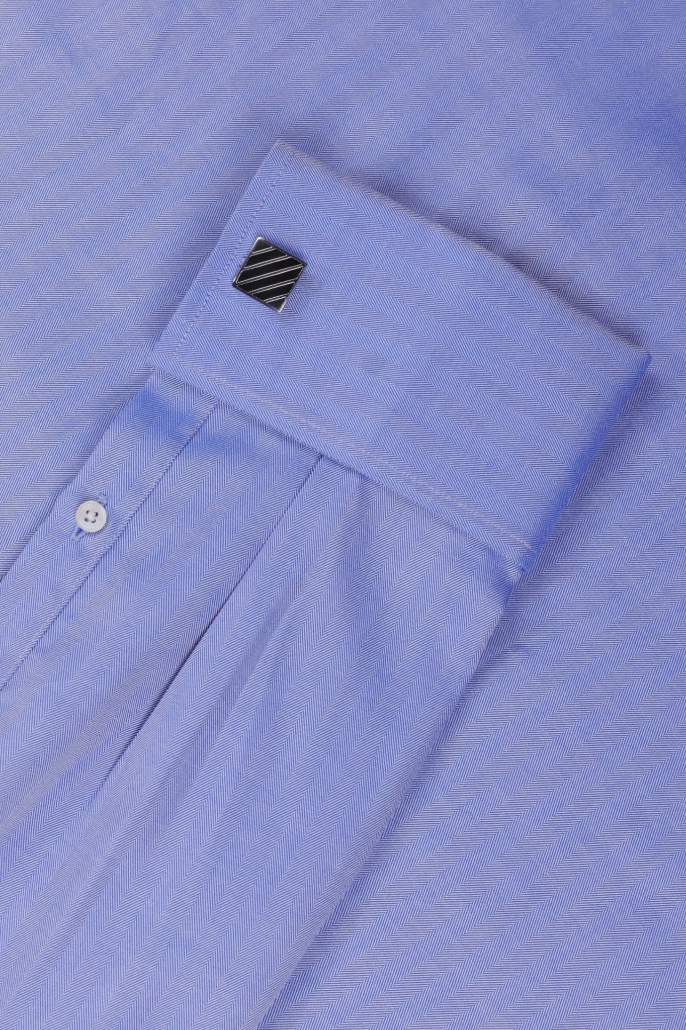 Blue Herringbone French Cuff Shirt 80s 2-Ply
