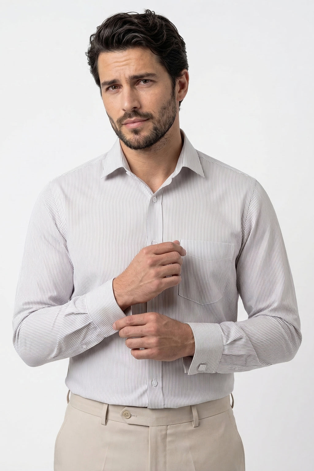 Beige Pinstripe 80s 2-Ply Organic Cotton