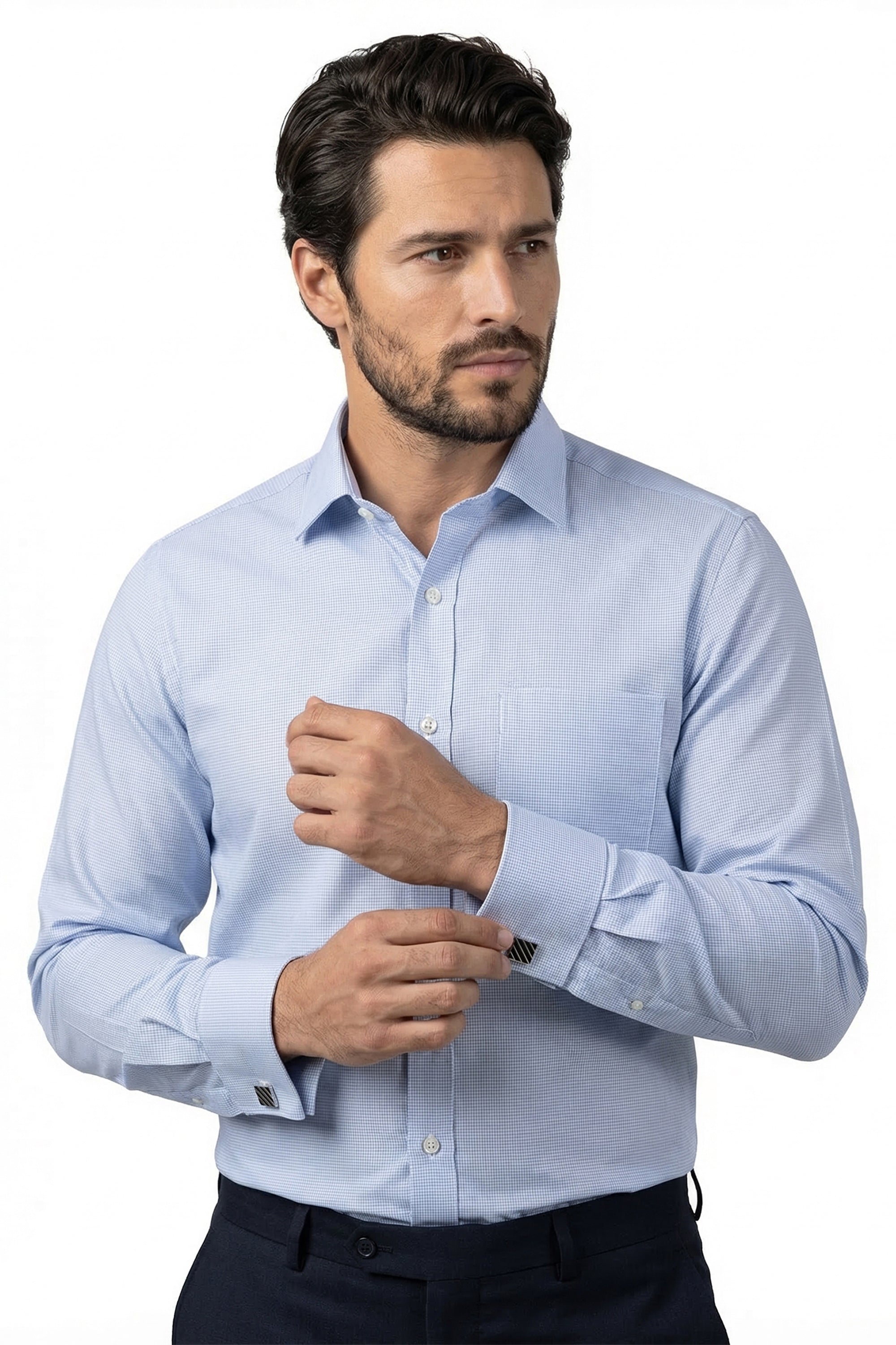 Blue Graph Check French Cuff Shirt 70s 2-Ply